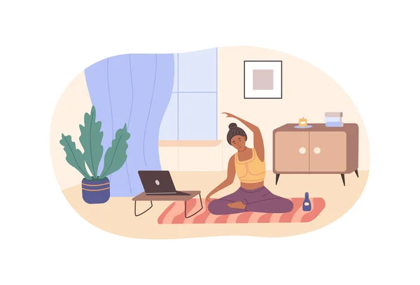 Active flexible woman practicing yoga at home sitting on floor in front of laptop. Sport female enjoying harmony balance hobby leisure recreation. Healthy lifestyle, mindfulness flat vector