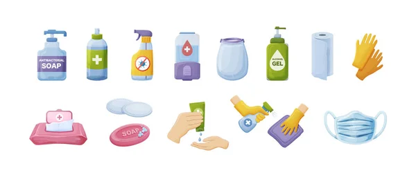 Προϊόν Υγιεινής Προστασία Από Τον Κορωναϊό Προσωπικά Εργαλεία Καθαρισμού Πλύσης — Διανυσματικό Αρχείο