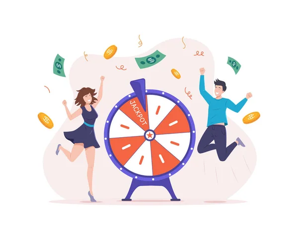 Gelukkige Paar Winnen Loterij Springen Omgeven Door Vliegende Contant Geld — Stockvector