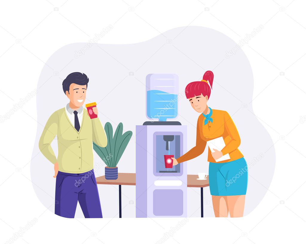People coworkers drinking water from cooler. Man and woman colleagues enjoy pure aqua feeling thirst at office. Positive person with refreshing beverage chatting to each other having break flat vector