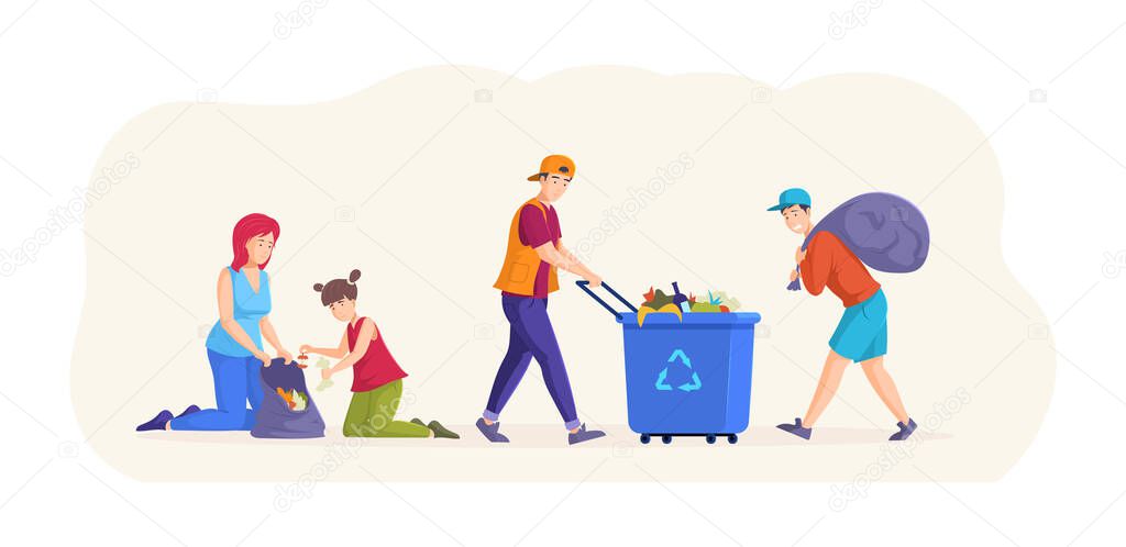 Set of diverse people clean up garbage. Man woman children volunteers cleaning from waste, pickup into bags and containers. Waste collectors team and families collecting trash together cartoon vector