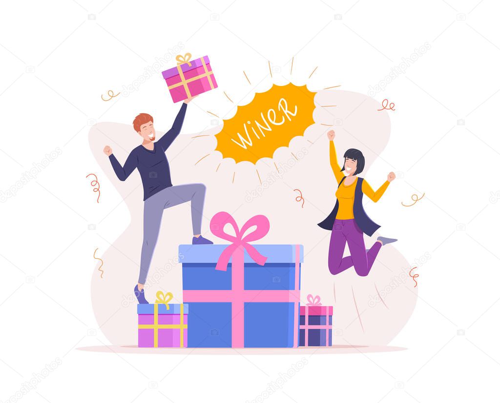 Rejoice couple holding prize won celebrating financial success. Happy man and woman winner of gift or lottery jumping and having fun gain surrounded by falling confetti vector flat