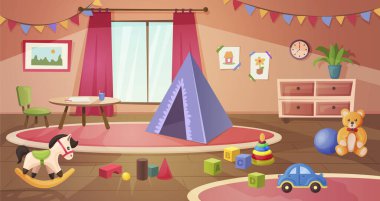 Cosiness children room with toys and furniture. Kids playroom kindergarten child apartment for game and classroom learning. Preschooler area with table, chair, cubes, hut, flag garland flat vector