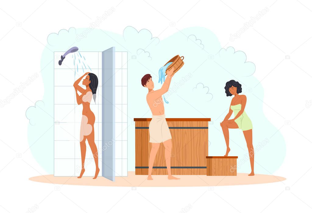 Multiracial man and woman washing in shower and pour cold water from barrel at public sauna. Diverse people relaxing at bathhouse hardening after heat hot steam. Wellness spa treatment vector flat