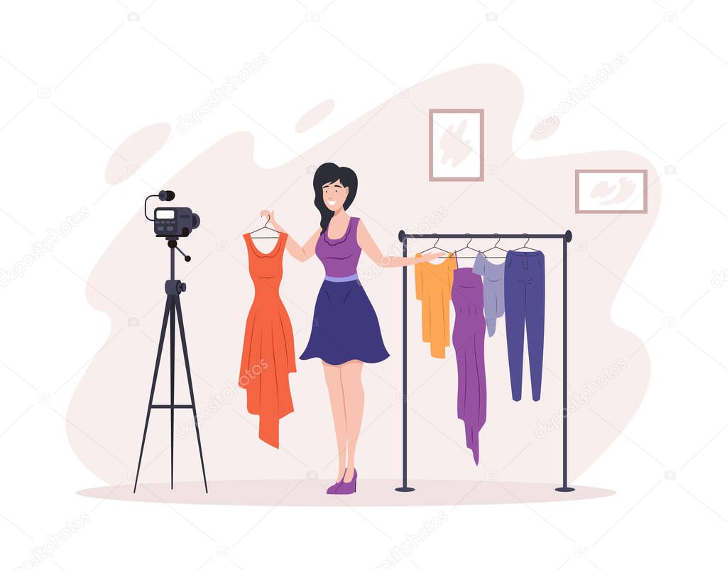 Woman fashion stylist blogger shooting video content with hanging clothes use camera on tripod. Female clothing designer vlogger sorting wardrobe live streaming online broadcasting flat vector