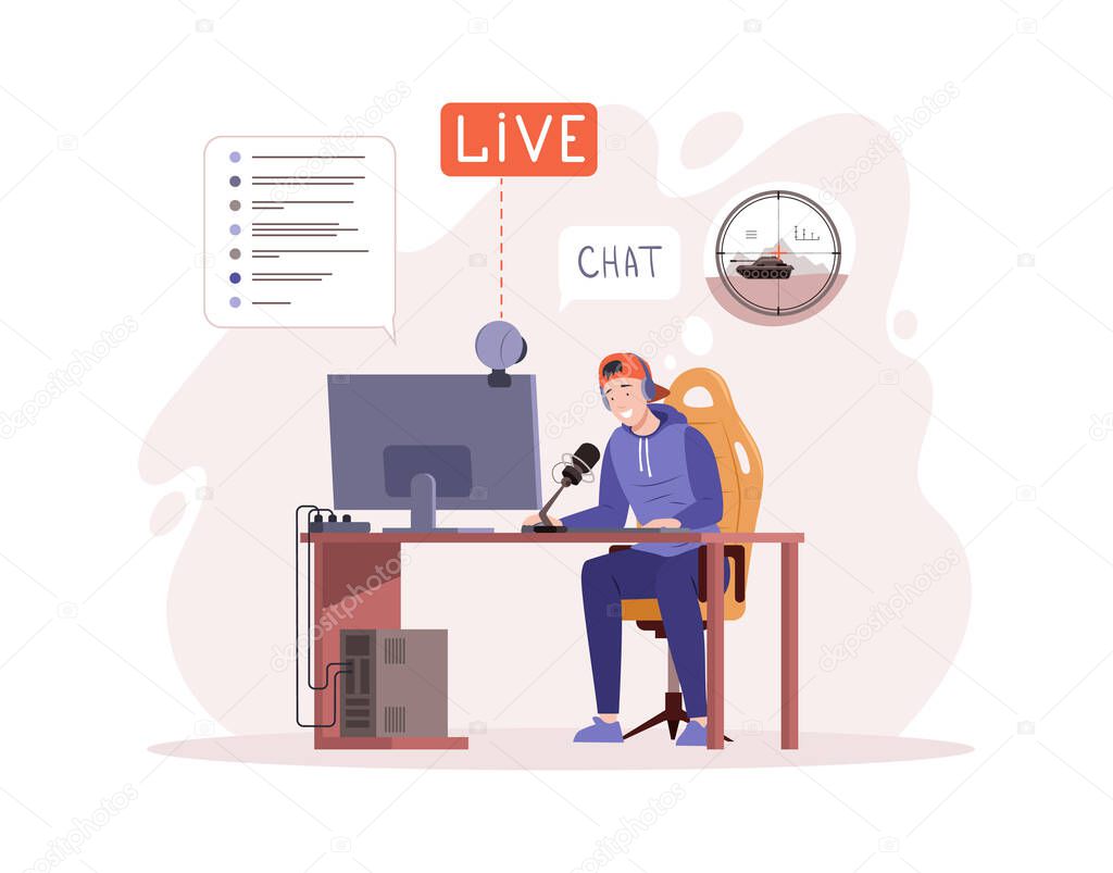 Male teenager gamer blogger playing video online broadcasting on computer gaming channel. Guy in headphones microphone communication cyberspace digital entertainment live streaming vlog flat vector