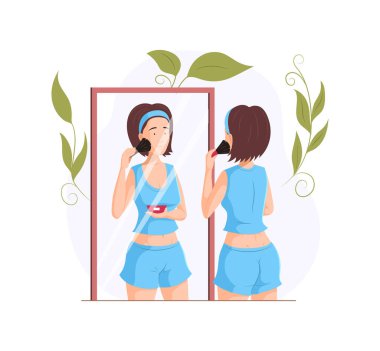 Kadın, yüz ve vücut için cilt temizleme prosedürlerini önemsiyor. Makyaj yapan kadın güzellik merkezi kozmetik vektör karikatürü kullanıyor