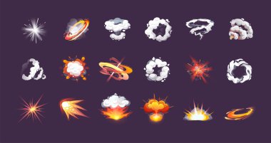 Renkli bomba patlaması koleksiyonu. Atom patlaması etkisi. Yanan soyut hidrojen tozu, enerjisi ya da ateşi ile patladı. Atomik yıkım tehlikesi felaket çizgi film taşıyıcısını patlattı