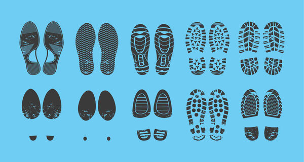 Human shoes blue footprint set. Shoe soles print of tread, boots, sneakers, footgear on heels. Textured male and female steps impression. Ink detailed footwear. Foot traceability cartoon vector