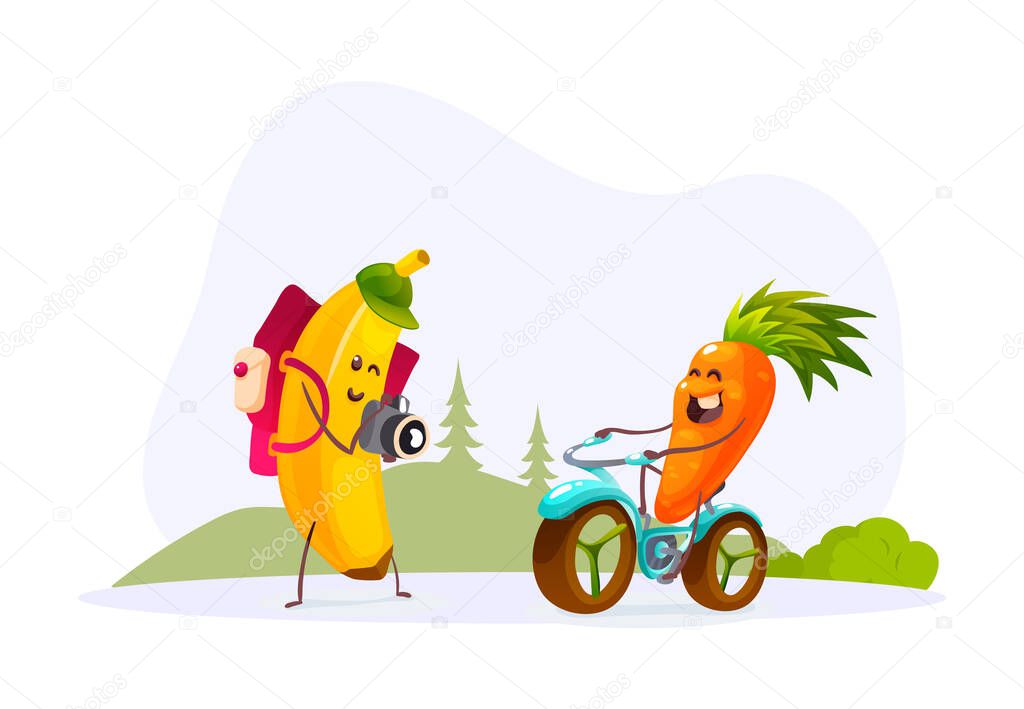 Funny fruits and vegetables cartoon character. Tourist banana with camera and backpack photographs carrot riding bicycle. Cute food characters isolated vector