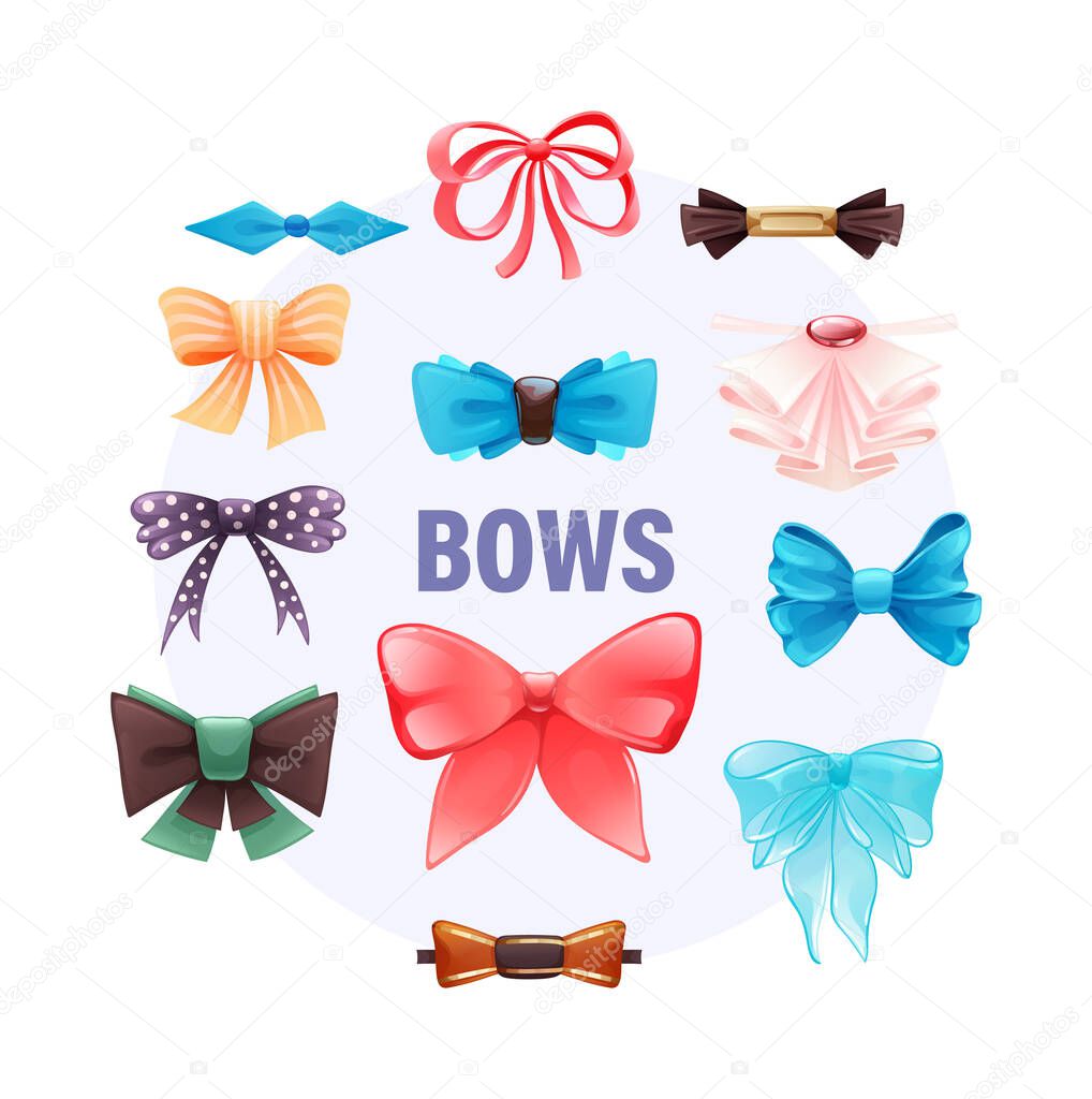Fashion colorful tie bow accessories cartoon with tied ribbons for Christmas invitation. Color silk bow for lady and gentleman for gift birthday, holiday, theatre, circus set vector illustration