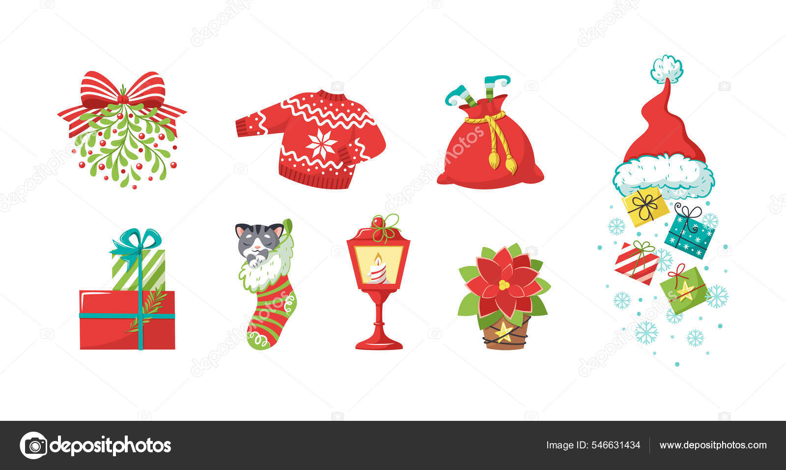 크리스마스 눈송이 산타클로스 그을음 스웨터 속에서 고양이 항아리 점액질 겨우살이 스톡 벡터 - ©ansvetas 546631434, image size:1600x956