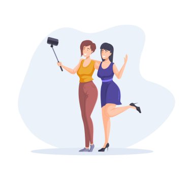 Gülümseyen kadın en iyi arkadaşlar selfie çekerken akıllı telefon kullanır arkadaşlığın tadını çıkar. Mutlu kadın pozlar için poz veriyor, olumlu duygularla. İnsanlara sarılmak resim vektörünü düz gösterir