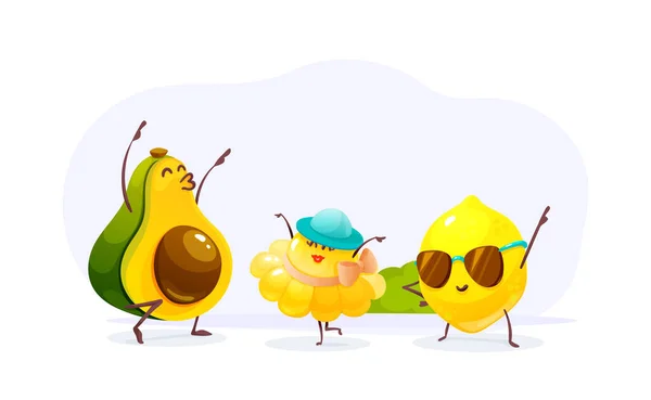 Αστεία Φρούτα Και Λαχανικά Χαρακτήρα Κινουμένων Σχεδίων Αβοκάντο Μελιτζάνα Και — Διανυσματικό Αρχείο