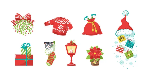 Набір Різдвяних Елементів Сніжинки Капелюх Діда Мороза Подарунки Свічки Гном Ліцензійні Стокові Вектори