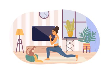 Aktif esnek kadın evde yoga yapıyor. Kedi ve kadın sporcuların uyum içinde eğlenmeleri hobi olsun diye. Sağlıklı yaşam tarzı, farkındalık çizgi film vektörü