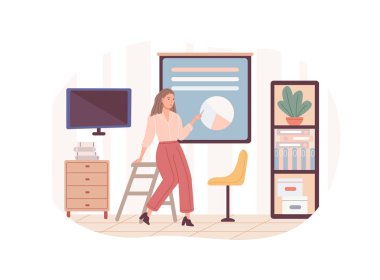 Modern bir kadın grafikle tahtaya bakarak iş sunumu yapıyor. İş yerindeki düz vektör seminerinde kadın çalışan analiz projesi veya datum gelecekteki tahmin planı sunumu