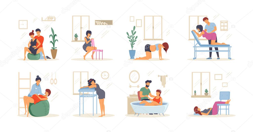 Birth positions set. Pregnant woman labour with comfortable poses with husband or nurse support. Future moms sitting, standing, kneeling, in water, using birthing ball, lying legs on stool vector flat