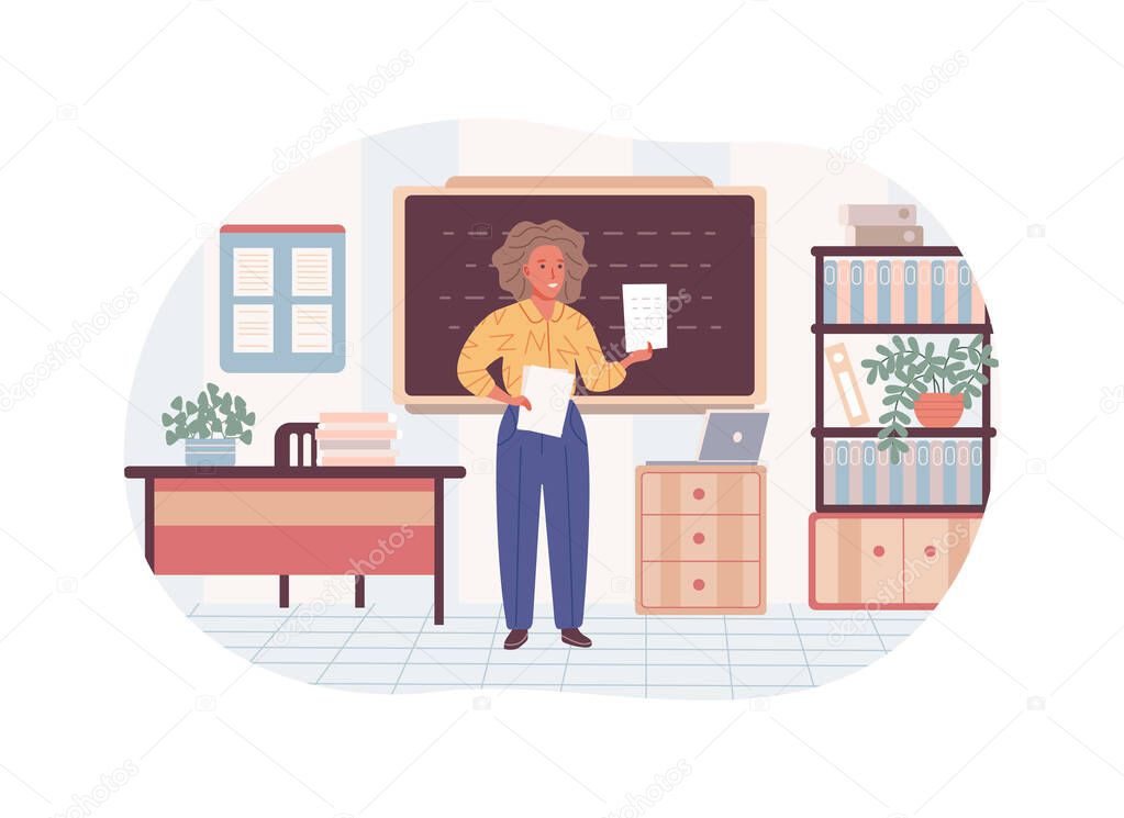 Male teacher of native language explaining lesson analyzing paper examination test standing near chalkboard. Man tutor talking at seminar communication to auditorium dictionary learning flat vector