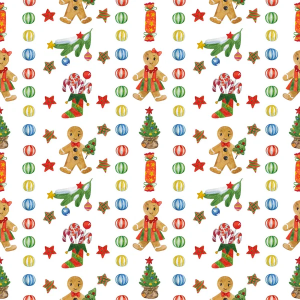 Watercolor Seamless Pattern Christmas Elements White Background Christmas Tree Sweets — Stock Photo, Image