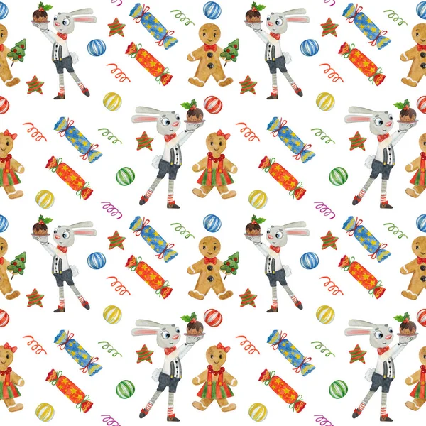 Watercolor Seamless Pattern Christmas Elements White Background Rabbit Sweets — Stock Photo, Image