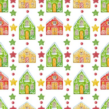 Beyaz arka planda zencefilli kurabiye evleri olan kusursuz bir Noel deseni.