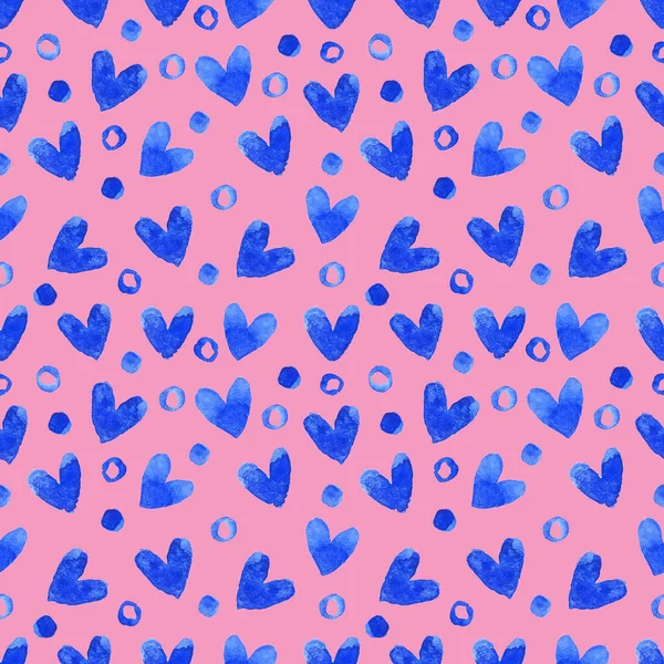 Watercolor Hand Drawn Seamless Pattern Blue Hearts Pink Background — Stock Photo, Image