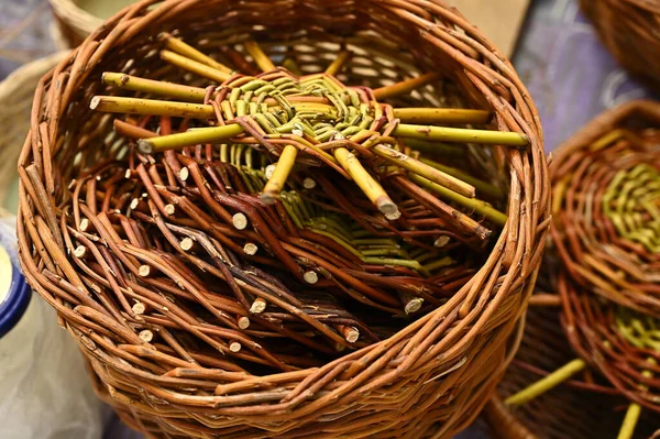 Rattan basket weaving, close-up