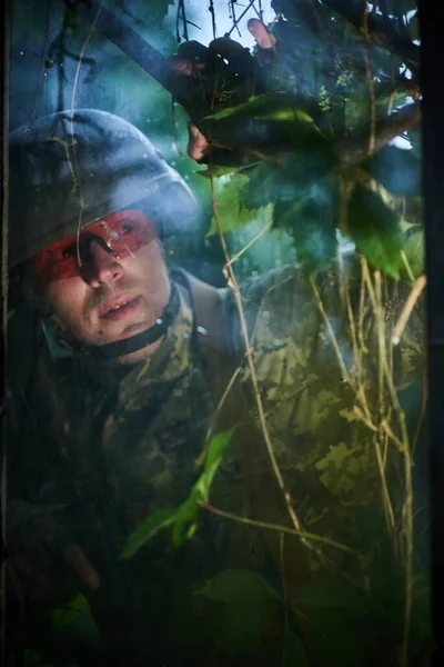 Portrait Ukrainian Male Soldier Wearing Helmet — Stockfoto