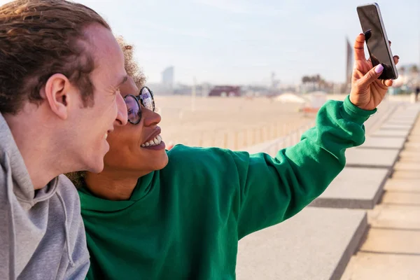 Young Latin Woman Smiling Her Friend While Taking Selfie Photo — Φωτογραφία Αρχείου