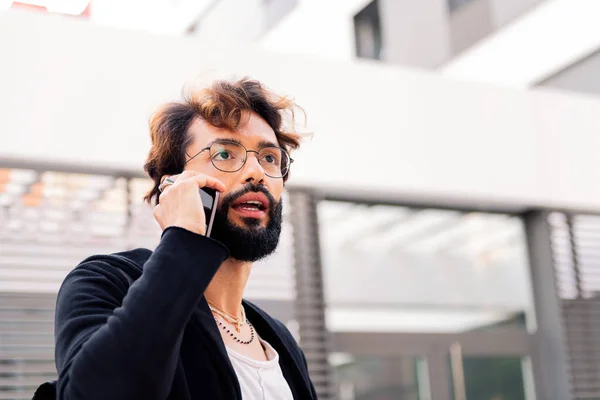 Stylish Young Man Talking Mobile Phone City Concept Technology Communication — Stockfoto