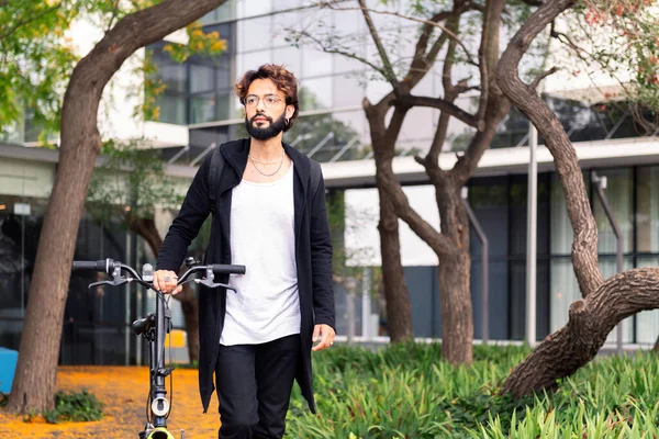 Stylish College Student Walking Folding Bike Park University Campus Concept — Photo