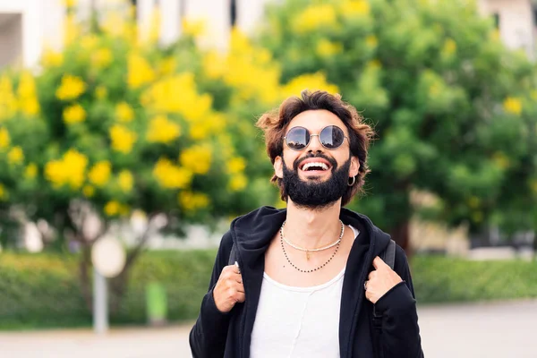 Stylish Young Student Beard Sunglasses Laughing Happy Looking Camera Concept — Stockfoto