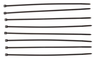 Beyaz arka planda siyah plastik kravatlar. Plastik kıskaçlar. Beyazı izole et.