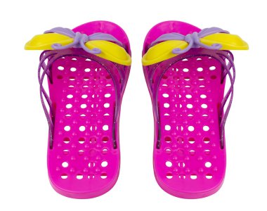 Çocuklar için pembe terlikler. Arkadan bak. Beyaz arkaplanda izole et.