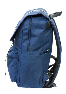 Beyaz arka planda mavi bir sırt çantası. Yan görünüm.