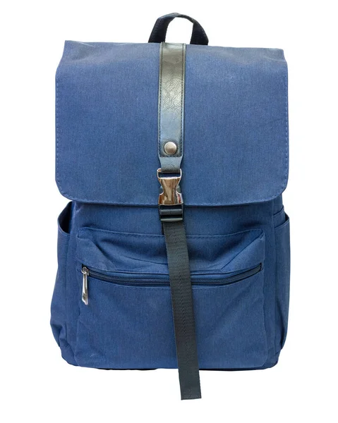 Blue fabric backpack. City backpack. Isolate on a white background. Front view. — Stock Photo, Image