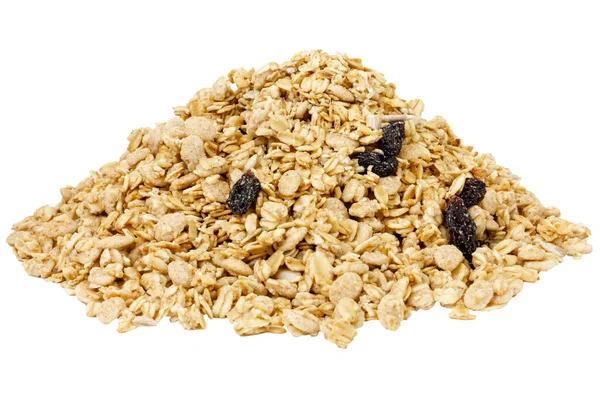 Droge Muesli Met Rozijnen Muesli Geïsoleerd Witte Achtergrond Hoge Kwaliteit — Stockfoto