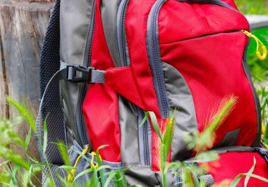 Kırmızı sırt çantası. Yeşil çimenlikte turist çantası. Yüksek kalite fotoğraf