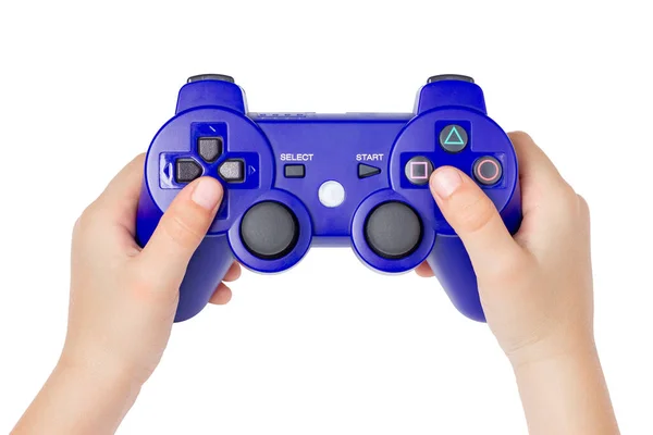 Controlador Jogo Mão Gamepad Azul Sobre Fundo Branco Gamepad Mão — Fotografia de Stock