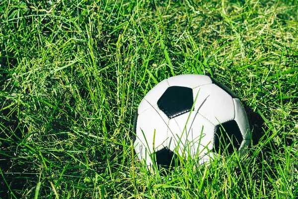 Soccer ball in the green grass. Football game. High quality photo