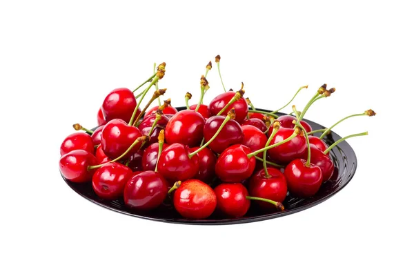 Red Cherry Isolated White Background Cherries Plate High Quality Photo — Zdjęcie stockowe