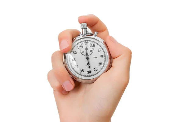 İnsan eli kronometre tuşuna basar. Krom kronometre elinde. Yüksek kalite fotoğraf