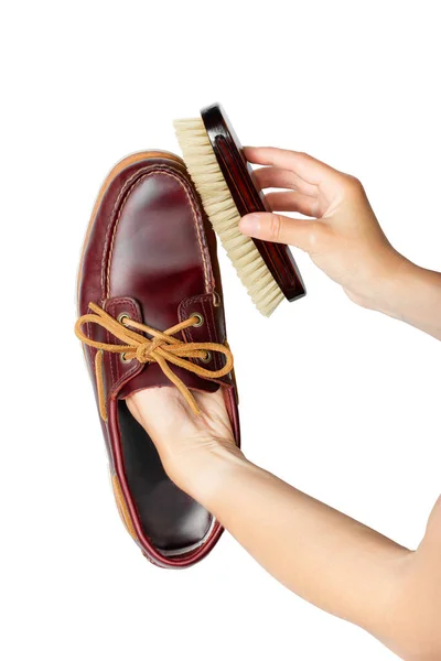 Cleaning Leather Shoes Natural Bristle Brush Shoe Care Work Shoemaker — Stock Photo, Image