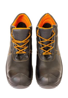 İzole botlar. Siyah iş botları. Beyaz arka planda deri ayakkabılar. Yüksek kalite fotoğraf