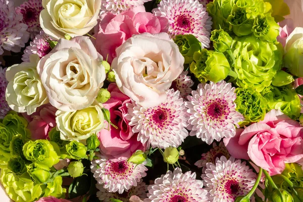 Bouquet Flowers Consisting Eustoma Chrysanthemum Green Rose Floral Background High — Stock Photo, Image