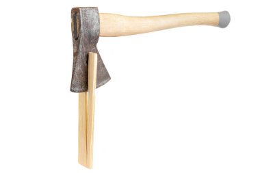 An ax splits a wood chip. Isolated ax on a white background. Cutting with an axe. High quality photo