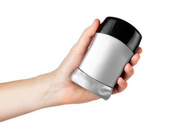 Deodorant stick in hand. Mockup deodorant bottle. Deodorant packaging. Deodorant isolate on white background. High quality photo