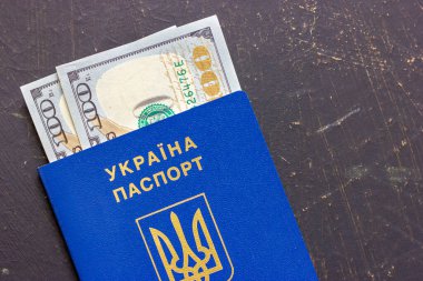Ukrainian passport and several dollar bills. Fight against corruption in Ukraine. Anti-corruption laws in Ukraine. Ukrainian corruption. High quality photo