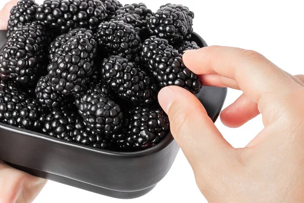 Womans Hand Takes Blackberry Blackberry Plate Ripe Blackberries High Quality — Foto Stock